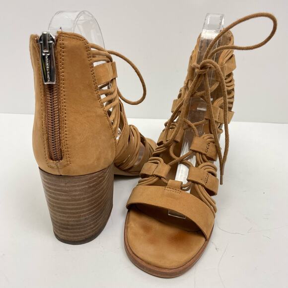 Vince Camuto | Kaiann Tan Suede Leather Lace Up Cut Out Block Heel Sandals - Picture 3 of 11